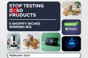 A modern ecommerce layout showing 5 trending Shopify product niches for February 2026 with a professional "Sales Up" Shopify notification icon.