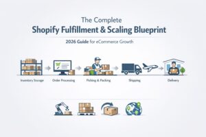 Shopify fulfillment process blueprint showing inventory storage, order processing, picking and packing, shipping and delivery workflow