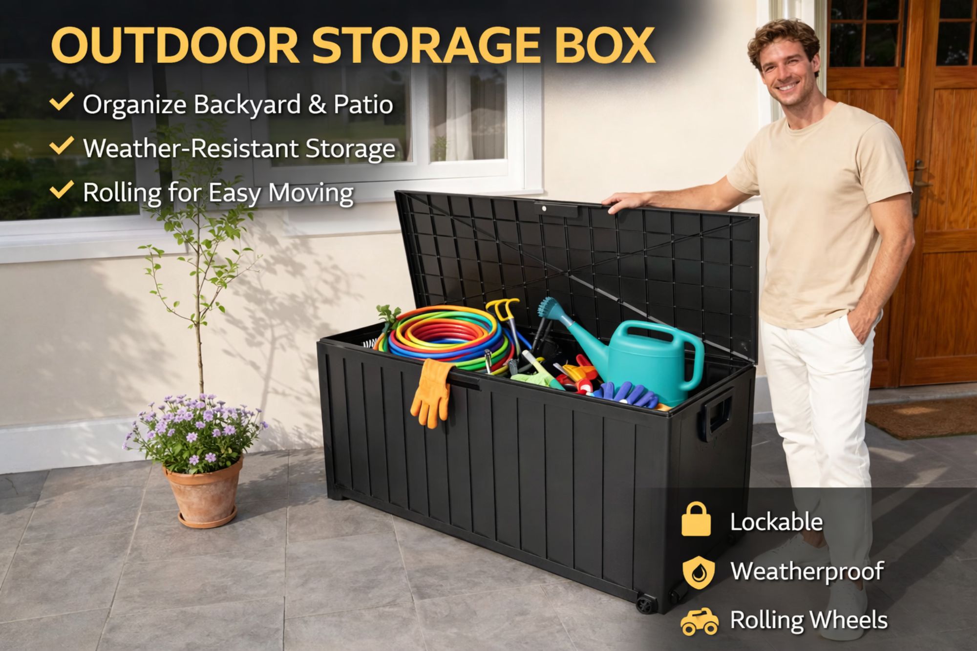 75 Gallon Outdoor Storage Box for Pool Toys and Garden Tools