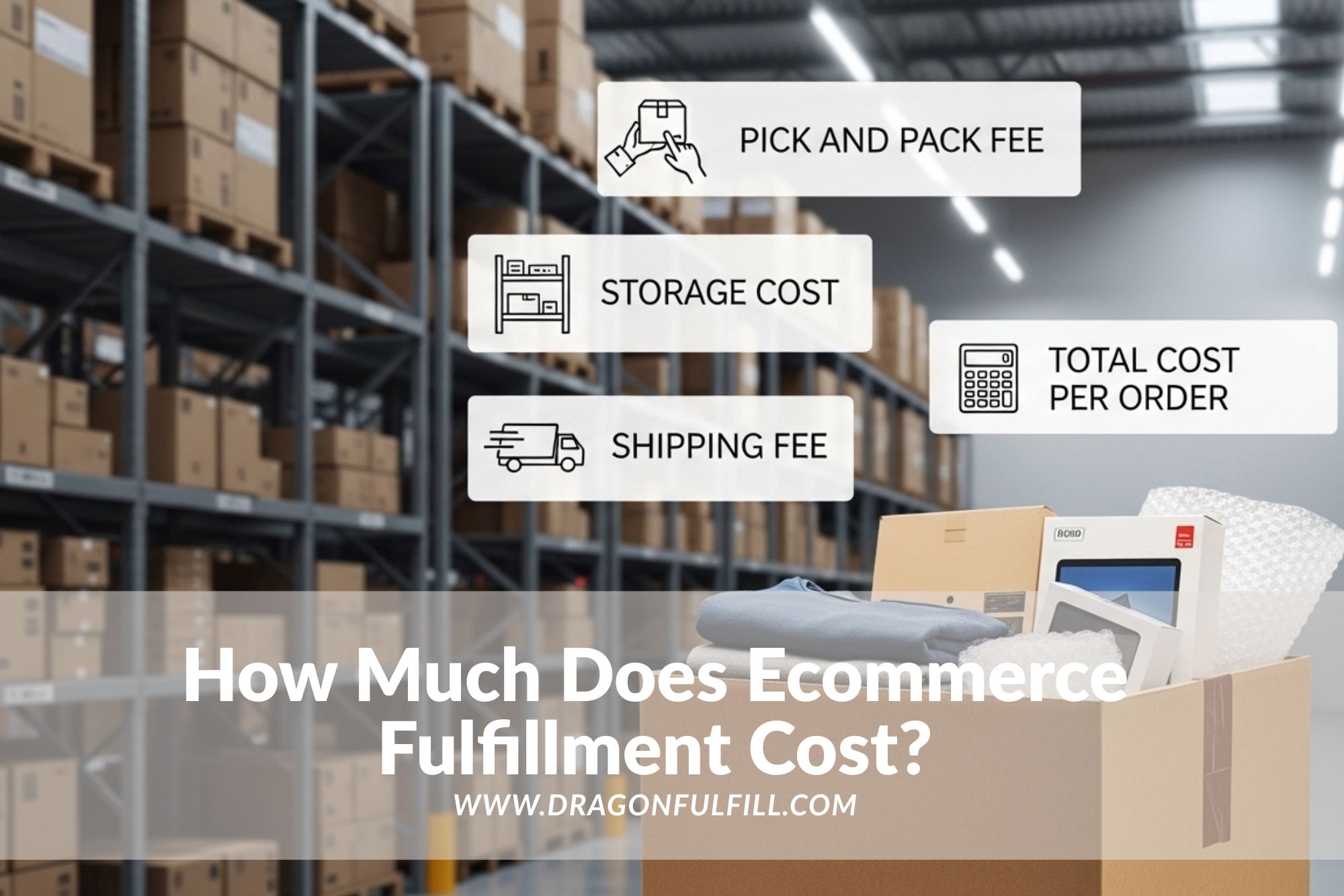 Ecommerce fulfillment cost illustration showing packed shipping boxes, warehouse shelving, and order cost data for per-order fulfillment analysis