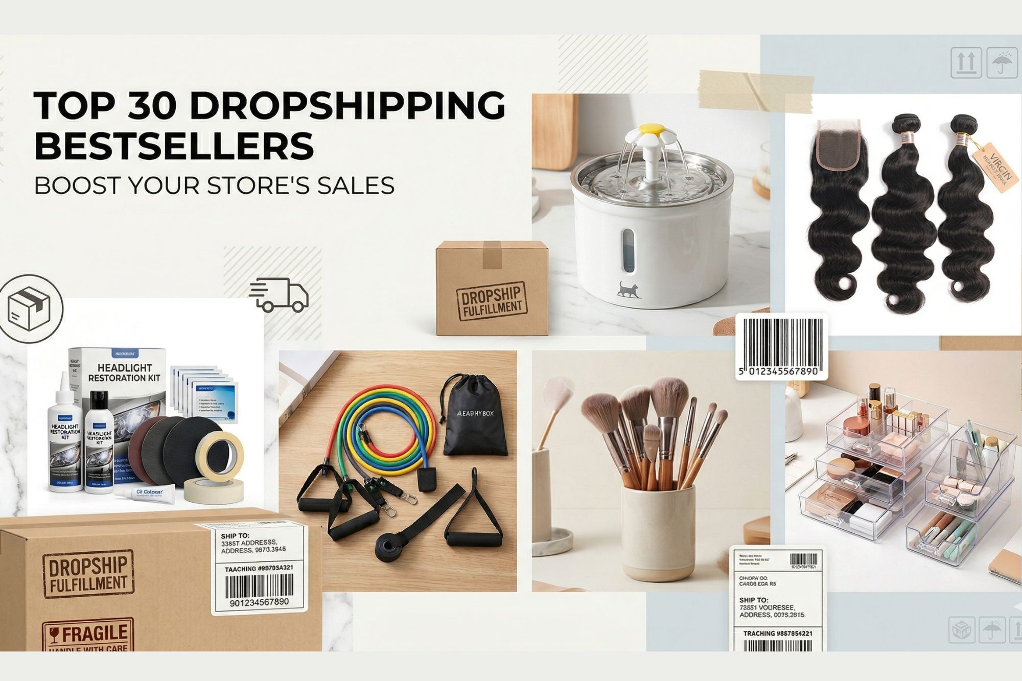 Collage of best-selling dropshipping products with packaging and fulfillment elements for March 2026