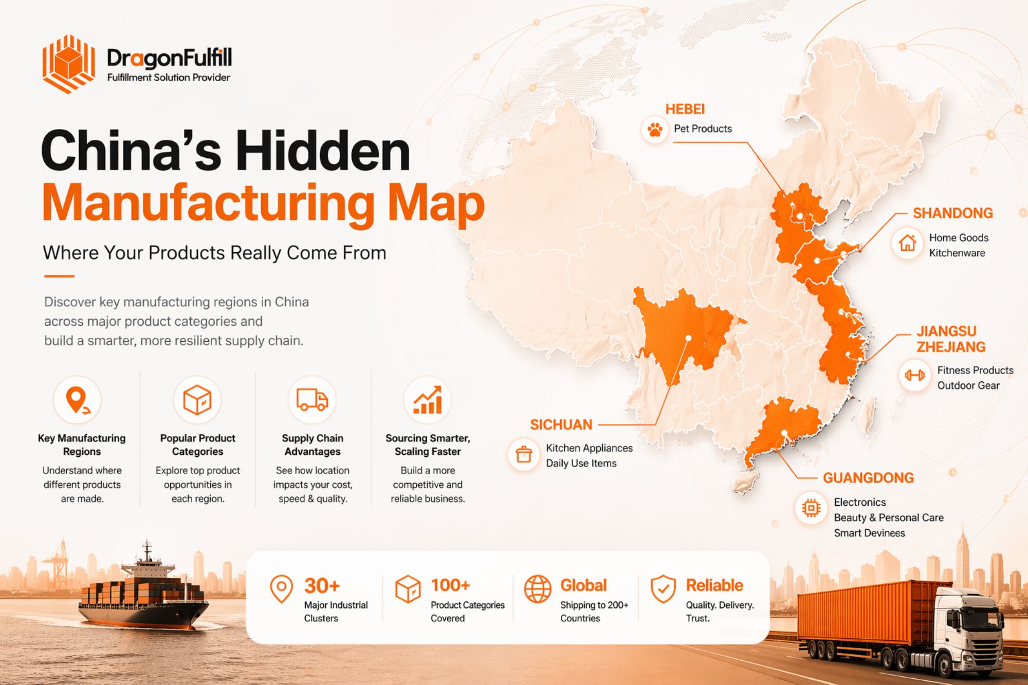 China manufacturing map showing key product sourcing regions and supply chain clusters