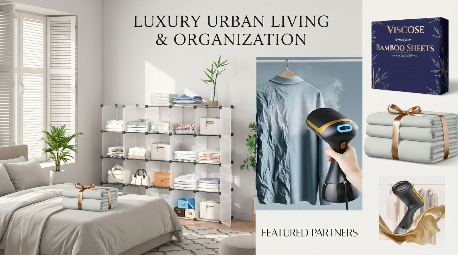 A visually appealing collage featuring bamboo cooling bedding, handheld steamers, and modular organizers