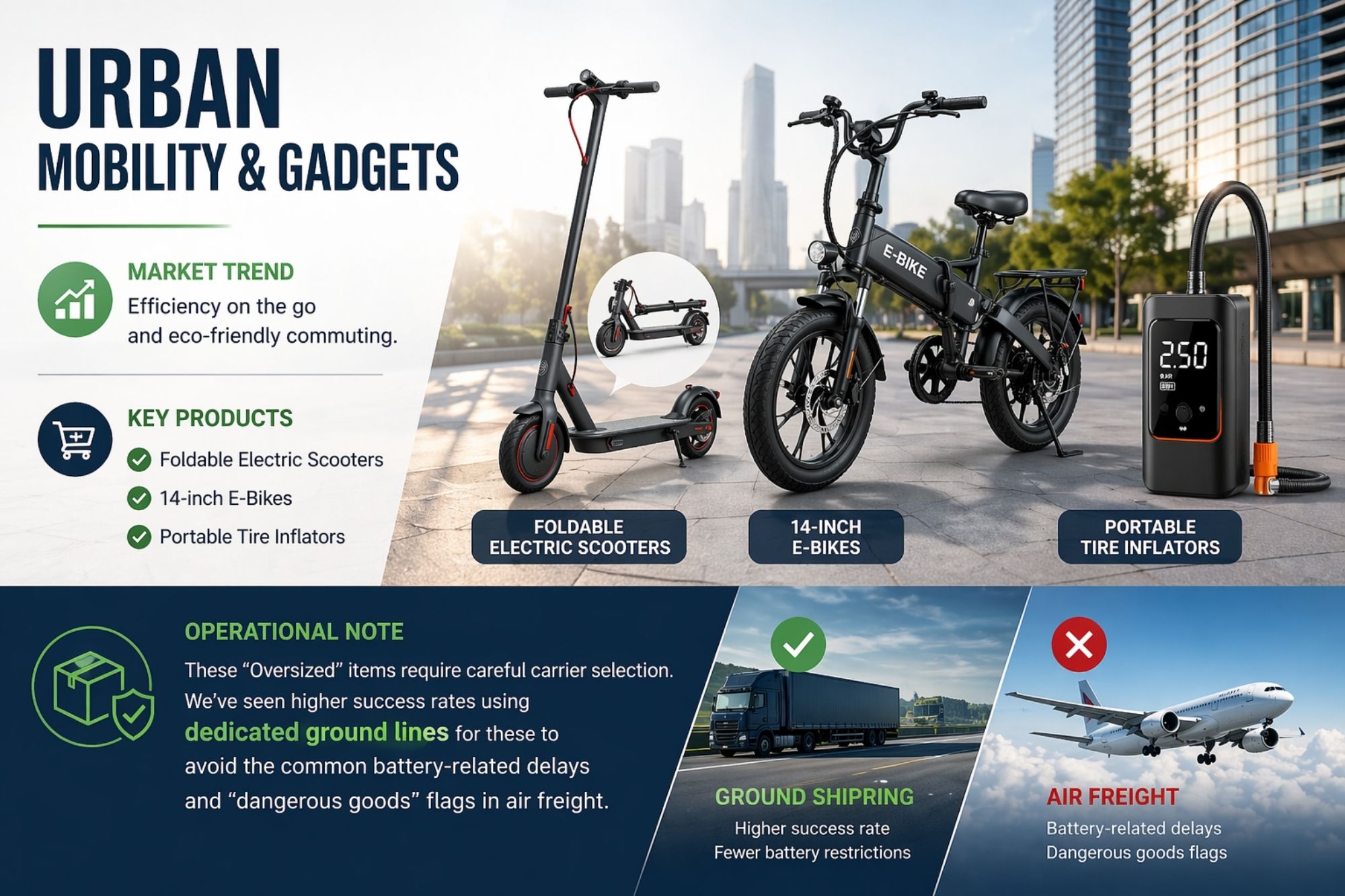 A dynamic collage featuring a folding electric scooter, an e-bike, and portable tire inflators