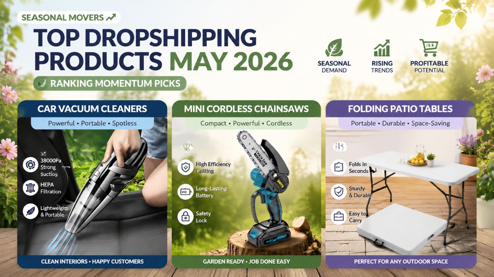 Infographic of seasonal trending dropshipping products for May 2026, showcasing features for a handheld car vacuum cleaner, a mini cordless chainsaw, and a portable folding patio table.