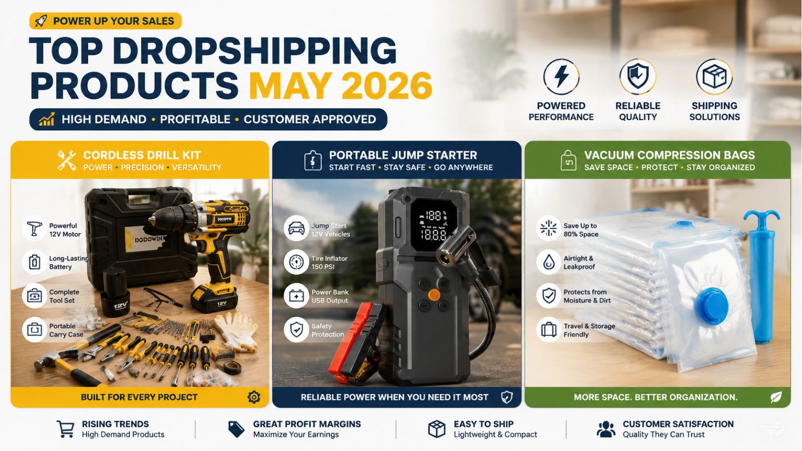 Infographic of top dropshipping products for May 2026, breaking down key features for a 12V cordless drill kit with tools, a portable jump starter and tire inflator, and vacuum compression storage bags.