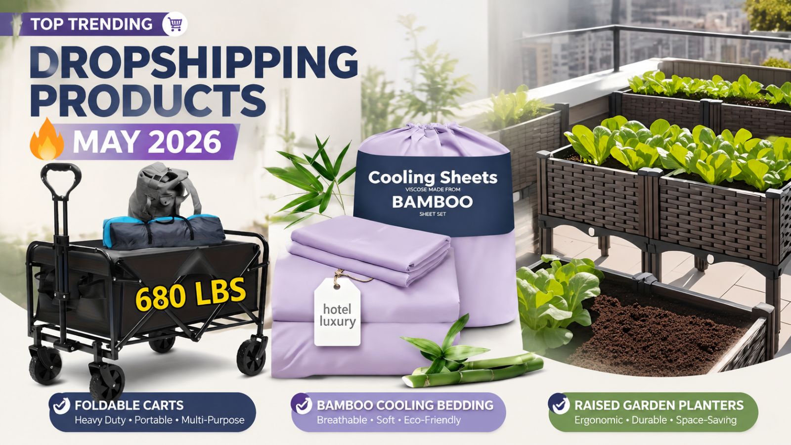 Trending dropshipping products for May 2026 featured in a blog post, showcasing a heavy-duty foldable utility cart, bamboo cooling bedding sheet set, and raised garden planters on a patio.