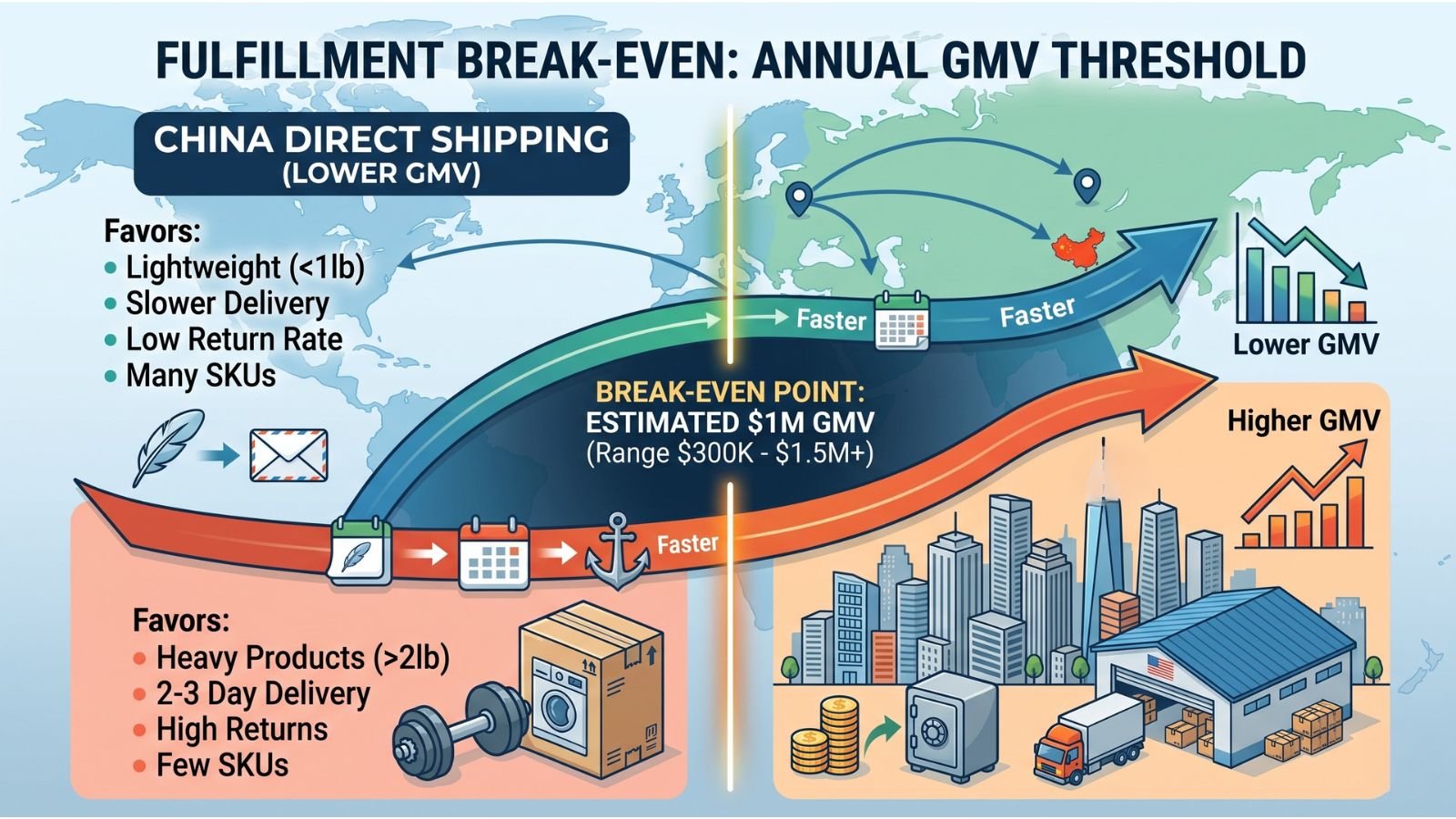 Fulfillment model break-even GMV threshold chart