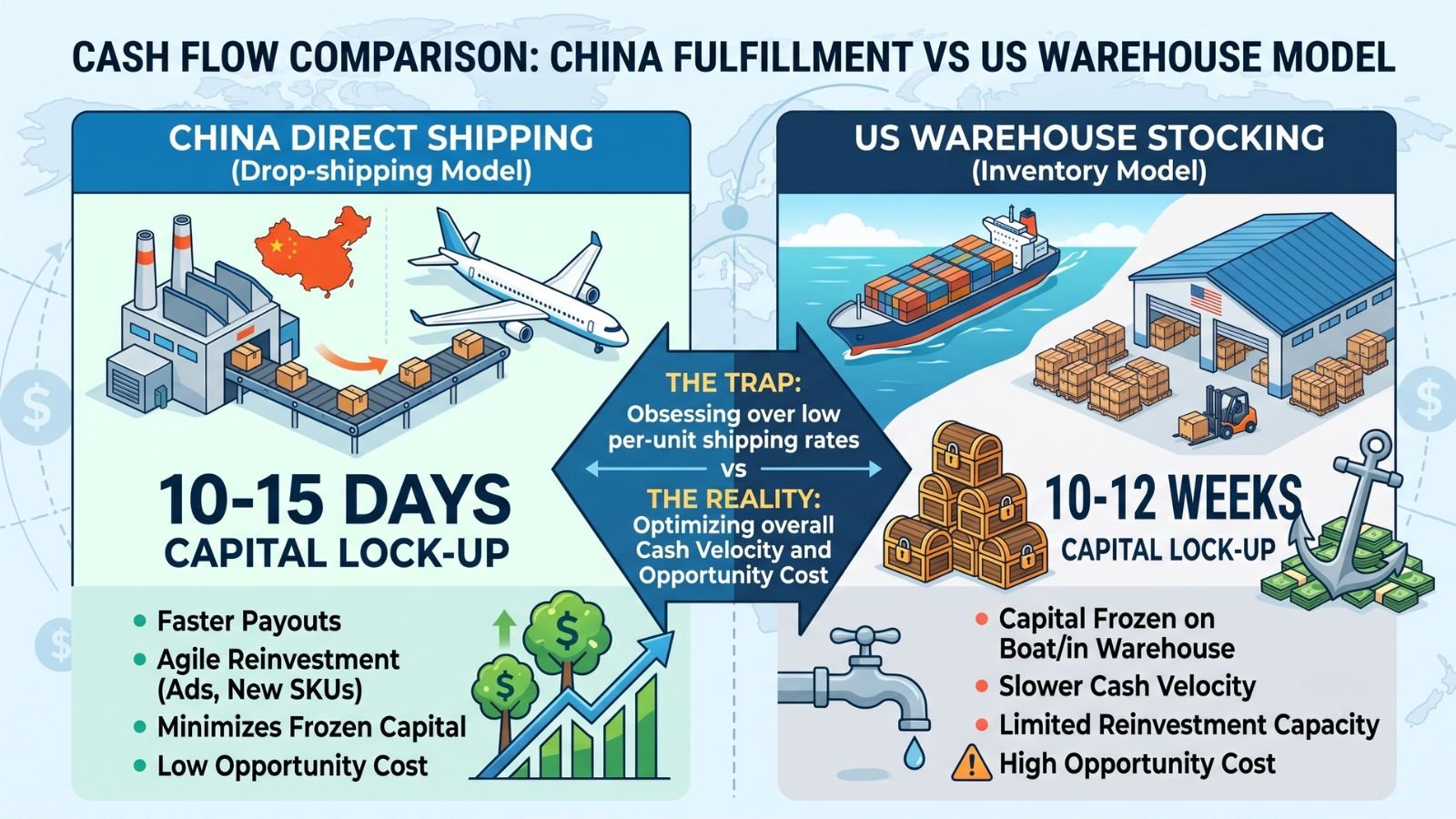Cash flow comparison China fulfillment vs US warehouse model