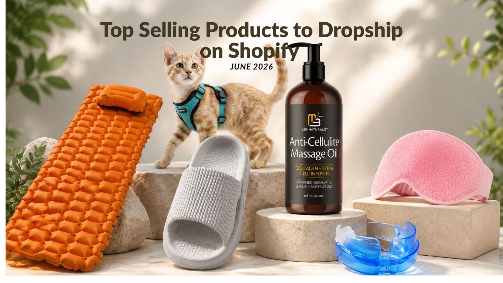 Top selling product featuring curated dropshipping products including inflatable camping pad, slide slippers, anti-cellulite massage oil, anti-snoring mouth guard, and facial ice mask