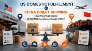 Comparison of US domestic fulfillment and China direct shipping showing key cost differences including shipping, returns, inventory storage, and break-even GMV for ecommerce sellers.