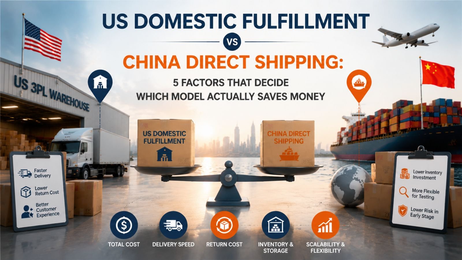 Comparison of US domestic fulfillment and China direct shipping showing key cost differences including shipping, returns, inventory storage, and break-even GMV for ecommerce sellers.